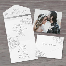 Convite de Casamento Tudo-em-Um Floral Prateado