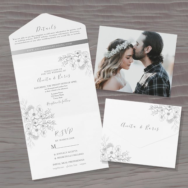 Convite de Casamento Tudo-em-Um Floral Prateado (Criador carregado)