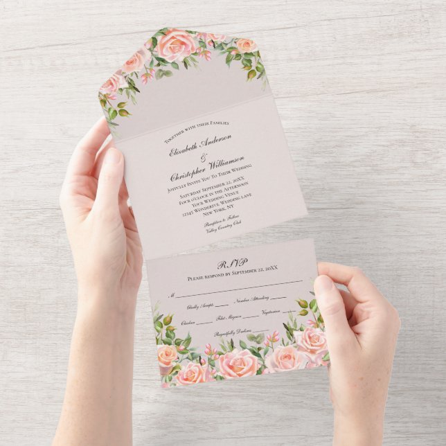 Convite de Casamento Tudo em Um Floral Rosa Blush (Aba destacável)