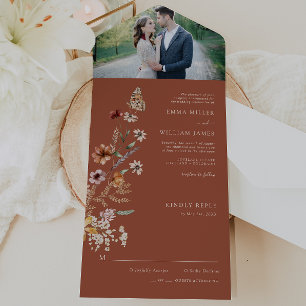 Convite de Casamento Tudo em Um Floral Terracota