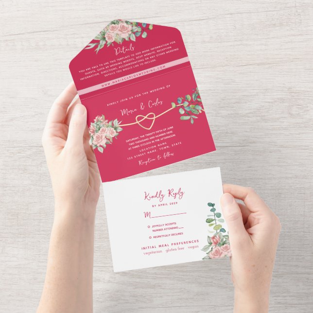 Convite de Casamento Tudo-em-Um Fuchsia Floral + F (Tearaway)