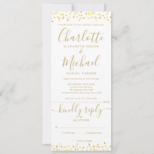 Convite de Casamento Tudo em Um Gold Hearts Confet