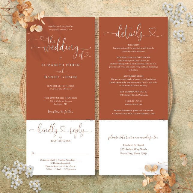 Convite de Casamento Tudo em Um Heart Script Terra (Heart Script Terracotta All In One Wedding Invitation)