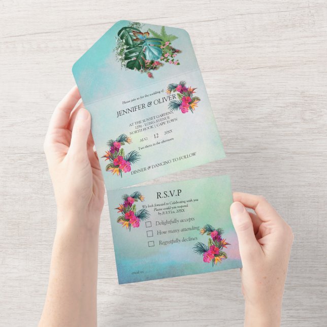 Convite de Casamento Tudo em Um Paraíso da Flora T (Aba destacável)