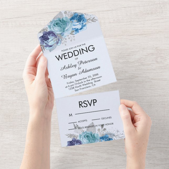 Convite de Casamento Tudo em Um Purple & Blue Rose (Aba destacável)