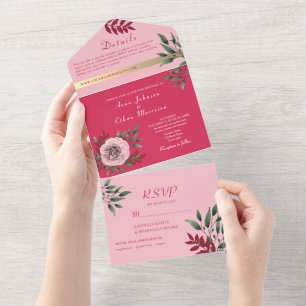 Convite de Casamento Tudo-em-Um Rosa Magenta + Fot