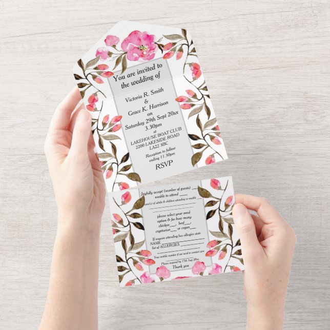 Convite de Casamento Tudo em Um - Rosa Suave Flora (Tearaway)