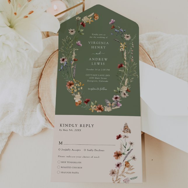 Convite de Casamento Tudo em Um Sage Green (Boho Sage Green Watercolor All in One Wedding Invite by Painted Paperie
)