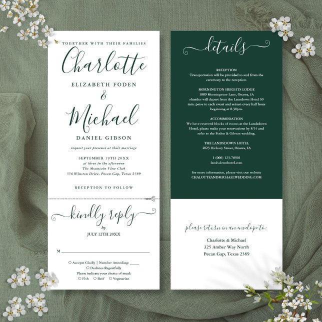 Convite de Casamento Tudo Incluído Emerald Green S (Emerald Green Script All In One Wedding Invitation)