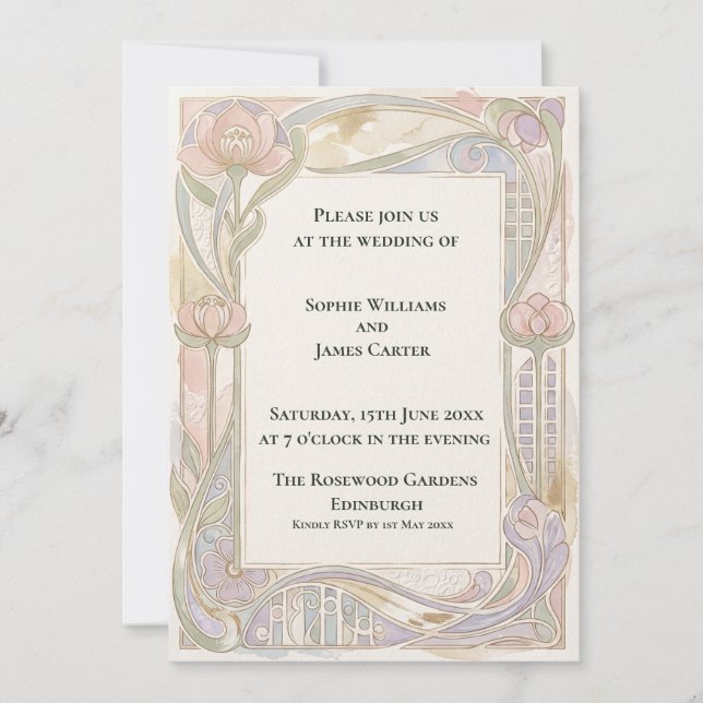 Convite de Casamento Tulipa Blush Art Nouveau (Frente)
