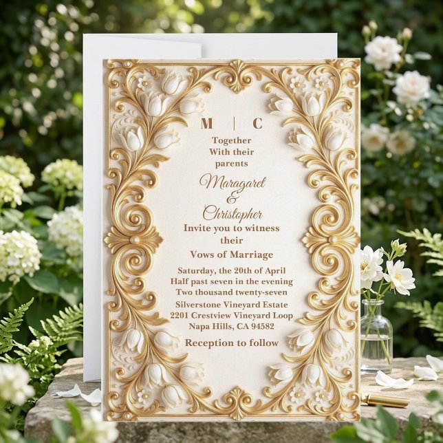 Convite de Casamento Tulipas Brancas Barroco Opule (White Tulips Baroque Opulent Gold Florals Wedding Invitation)