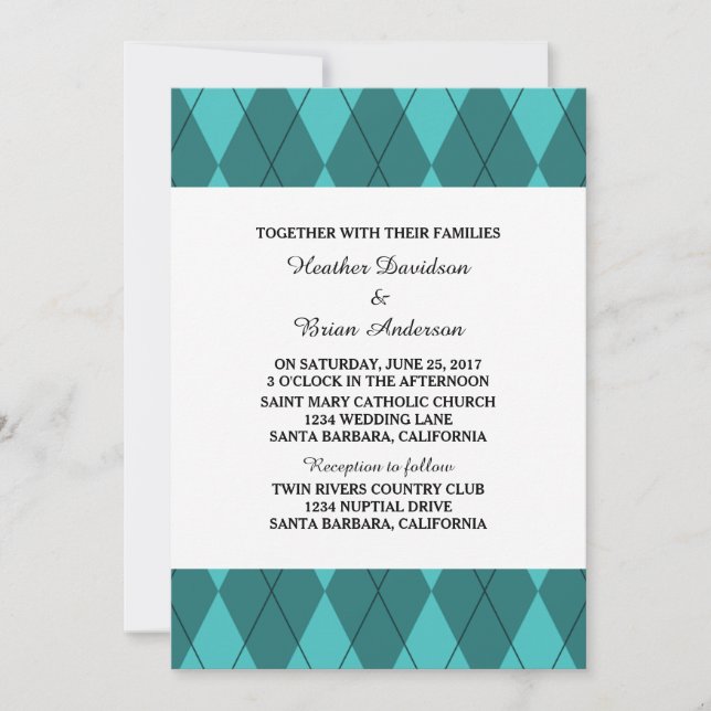 Convite de casamento Turquoise Argyle (Frente)
