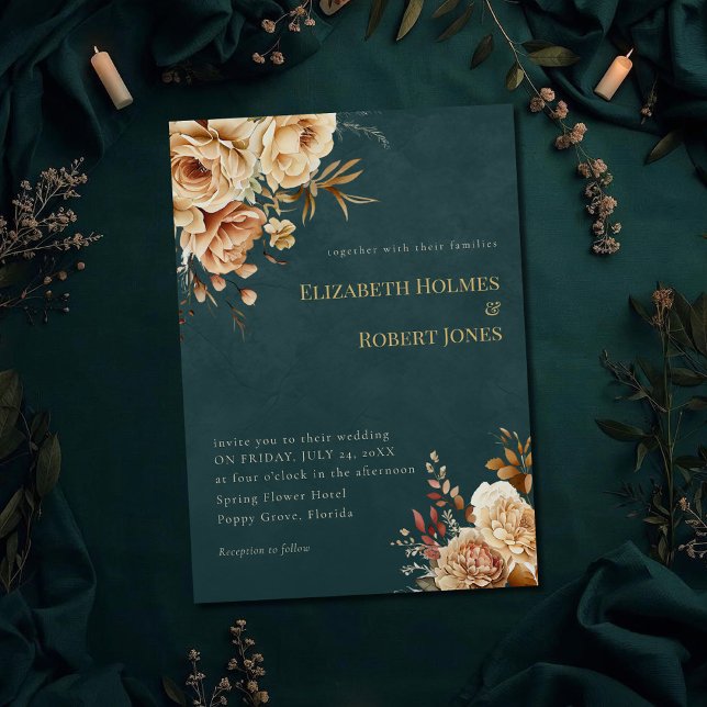 Convite de Casamento Verde Água de Bruxa da Flores (Summer Forest Witch Teal Wedding Invitation on a dark teal witchy wedding table with botanicals)
