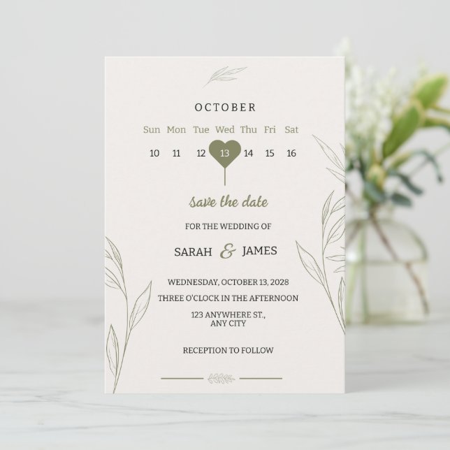Convite de Casamento Verde Botânico (Em pé/Frente)