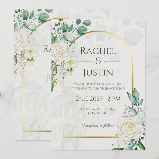 Convite de Casamento Verde Branco Elegante (Frente/Verso)