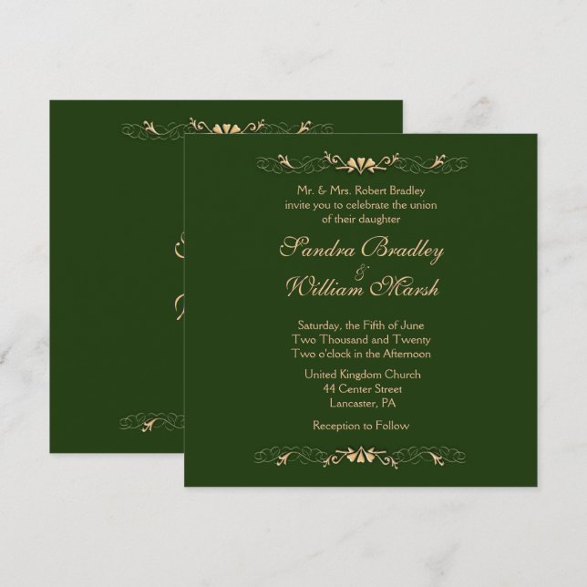Convite de Casamento Verde Caçador e Dourado (Frente/Verso)