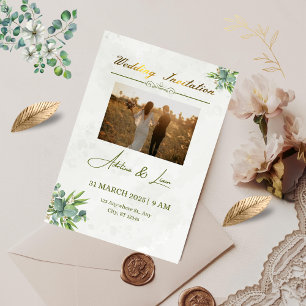 Convite de casamento verde, com título dourado fix