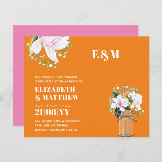 CONVITE DE CASAMENTO Verde de Magnolias Rosa Flora (Frente/Verso)