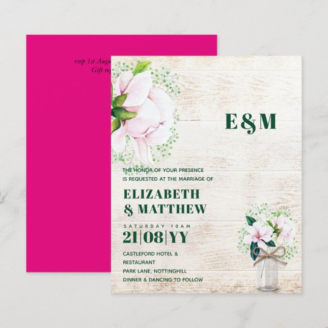CONVITE DE CASAMENTO Verde de Magnolias Rosa Flora (Frente/Verso)