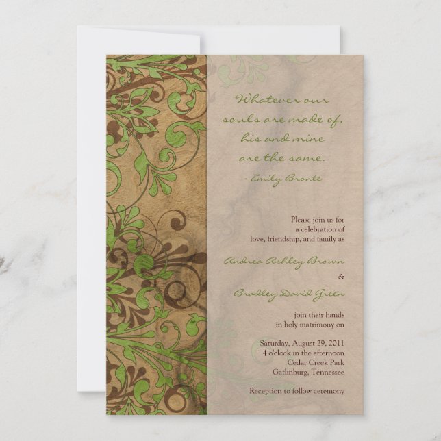 Convite De Casamento Verde De Woodgrain Floral (Frente)