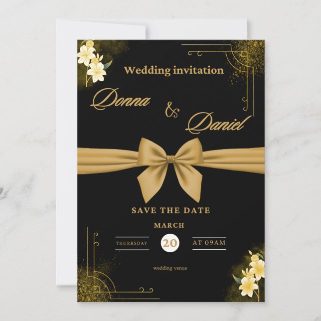 Convite de Casamento Verde & Dourado Elegante com  (Frente)