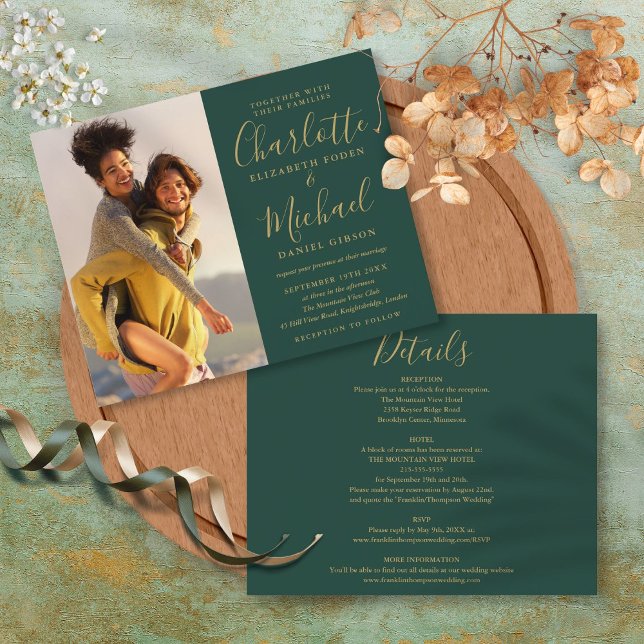Convite de Casamento Verde Dourado Orçamento Tudo  (Budget All In One Photo Green Gold Wedding Invite)