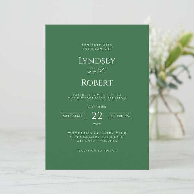 Convite de Casamento Verde e Branco Chic Clássico (Em pé/Frente)