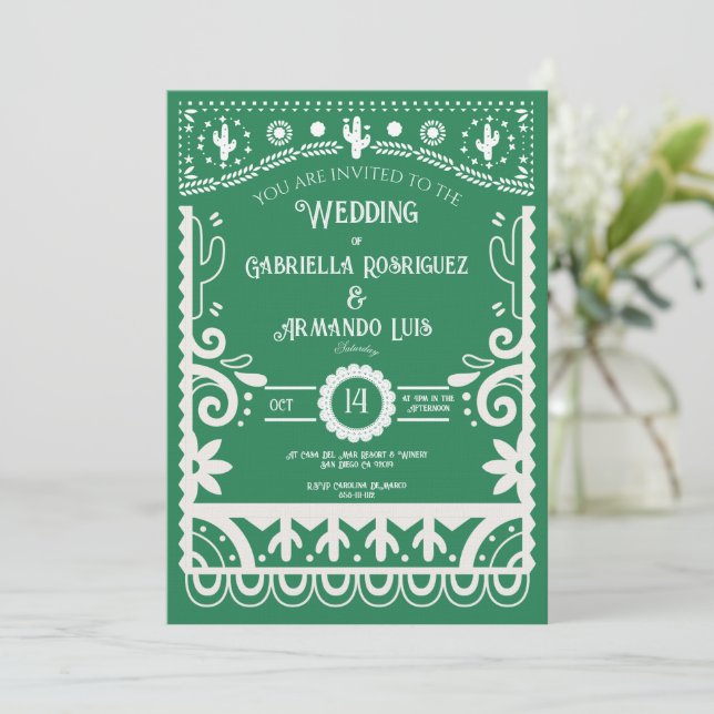 Convite de Casamento Verde e Branco Papel Picado (Em pé/Frente)