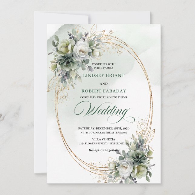 convite de casamento verde e dourado ancy (Frente)