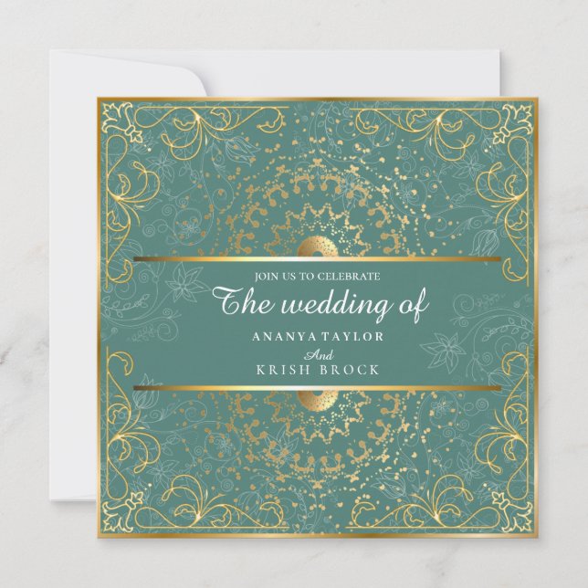 Convite de Casamento Verde e Dourado Deslumbrante (Frente)