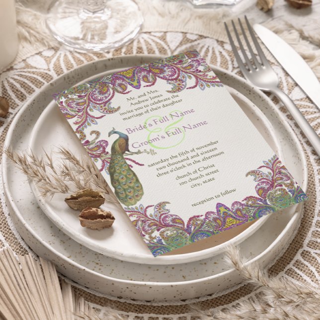 Convite de Casamento Verde e Raspberry Damask (Criador carregado)