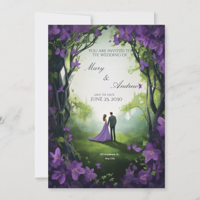Convite de Casamento Verde e Violeta Elegante (Frente)