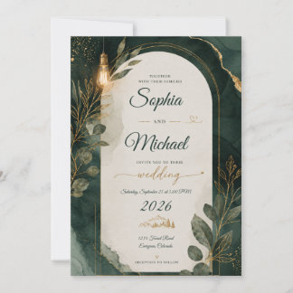 Convite de Casamento Verde Esmeralda e Dourado