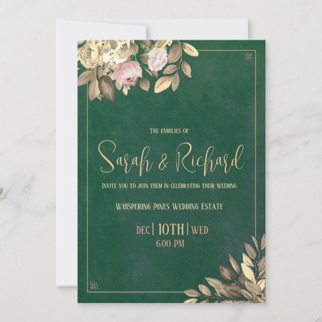 Convite de Casamento Verde Esmeralda e Dourado (Frente)