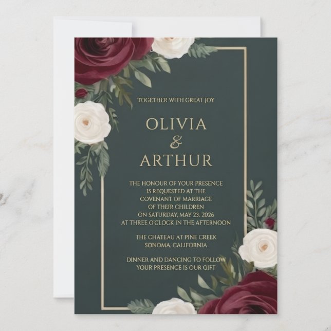 Convite de Casamento Verde Esmeralda Intenso e Bor (Frente)