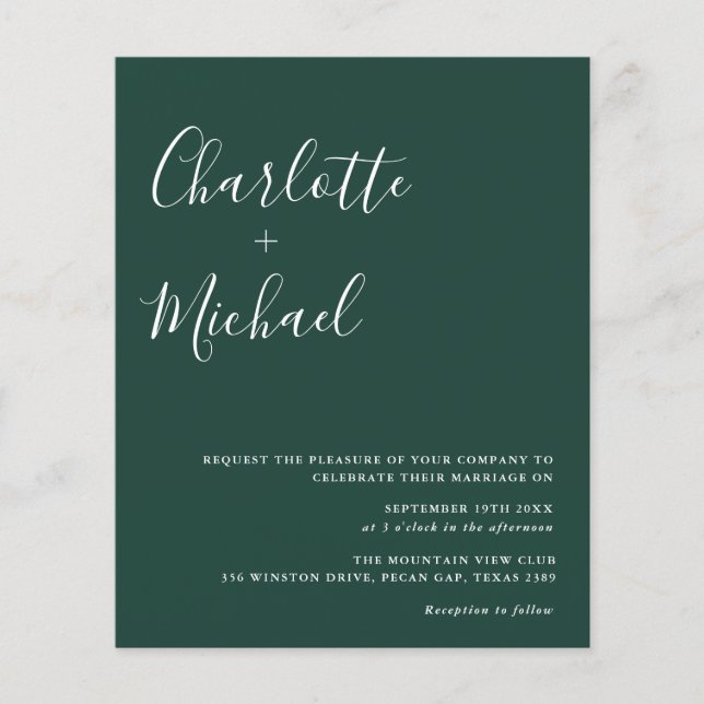 Convite de Casamento Verde Esmeralda Minimalista E (Frente)