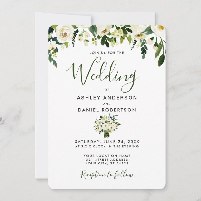 Convite de Casamento Verde Floral Aquarela Moderna (Frente)