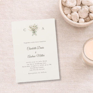 Convite de casamento verde floral monograma marrom