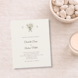 Convite de casamento verde floral monogramado em m