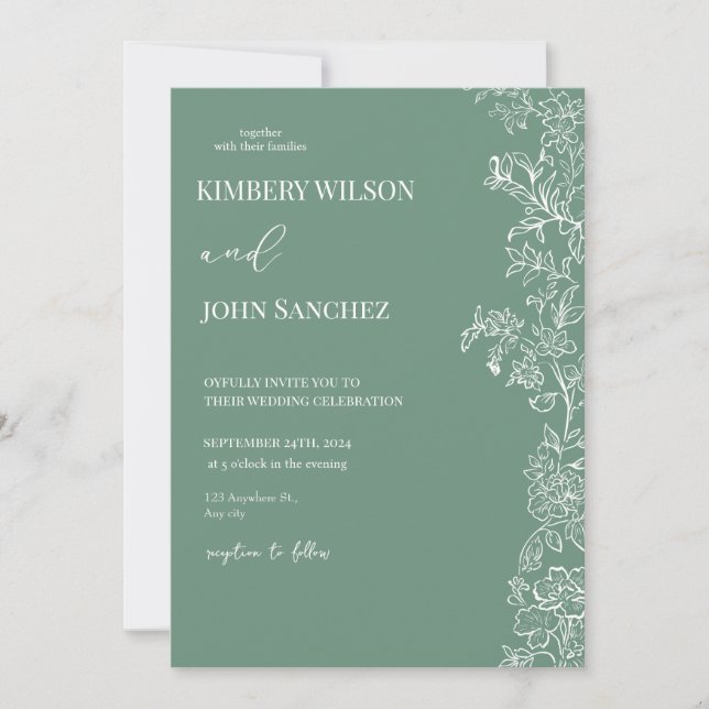 Convite de Casamento Verde Floral Romântico Periwi (Frente)