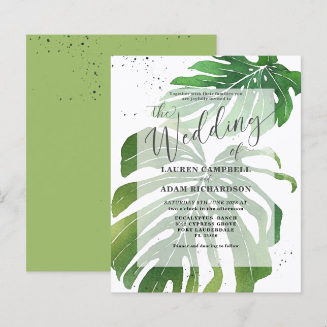Convite de Casamento Verde Folhagem Tropical Econô (Frente/Verso)
