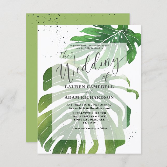 Convite de Casamento Verde Folhagem Tropical Orçam (Frente/Verso)