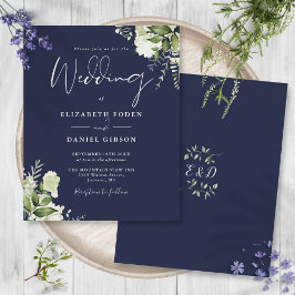 Convite de Casamento Verde Folhas com Azul Navy Or
