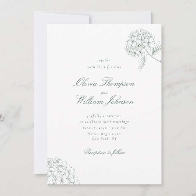 Convite de Casamento Verde Hortênsia Branca (Frente)