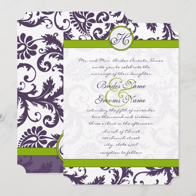 Convite de Casamento Verde Lapis Damask Roxo (Frente/Verso)