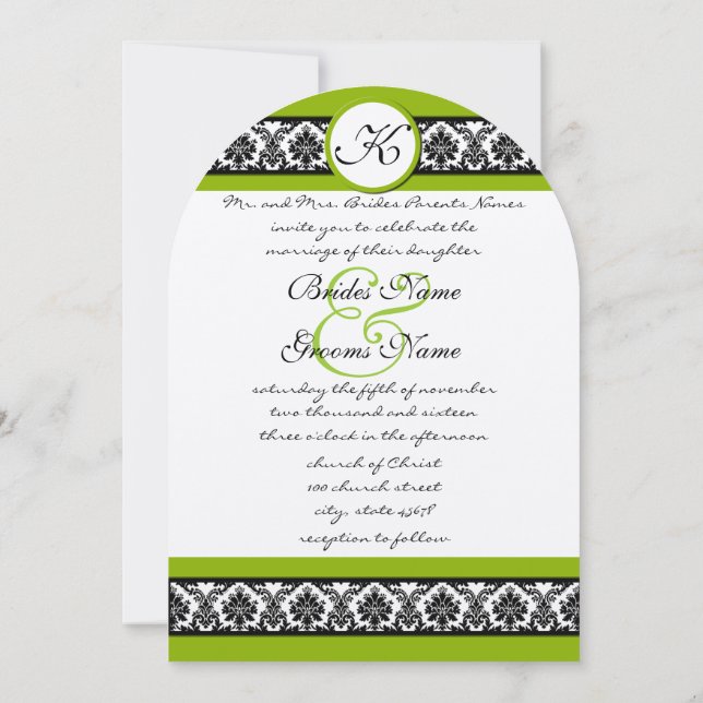 Convite de Casamento Verde Maçã e Preto Damask (Verso)