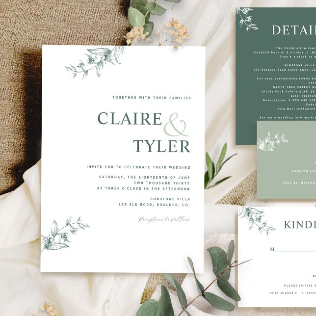 Convite de Casamento Verde Minimalista Moderno Ele (Criador carregado)