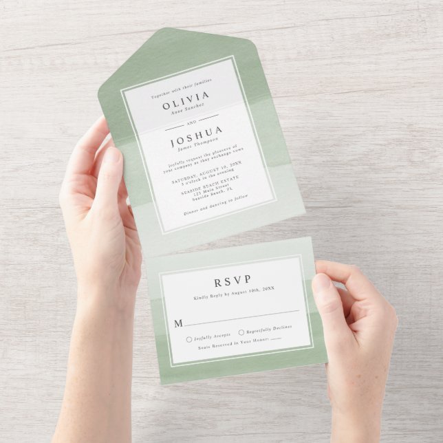 Convite de Casamento Verde Moderno Tudo em Um (Aba destacável)