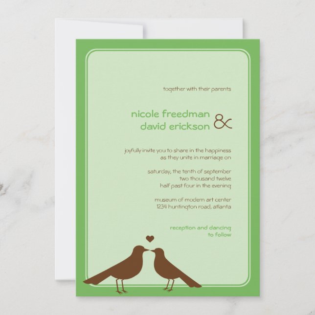 Convite de casamento verde para aves amadas contem (Frente)