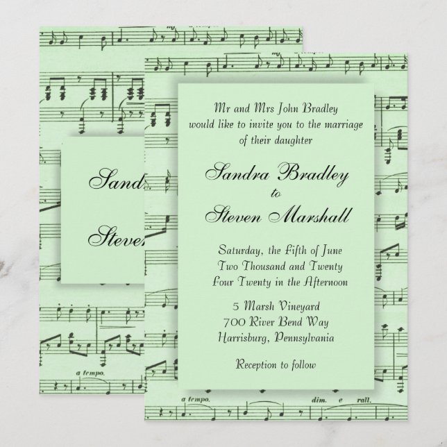Convite de Casamento Verde Partitura Musical (Frente/Verso)
